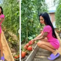 Смях! Моделка се чуди на доматите, снима се до тях