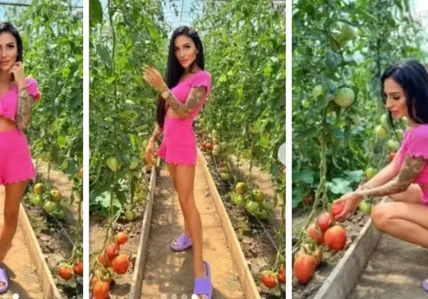 Смях! Моделка се чуди на доматите, снима се до тях