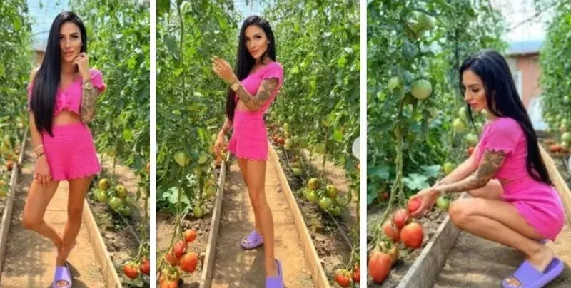 Смях! Моделка се чуди на доматите, снима се до тях