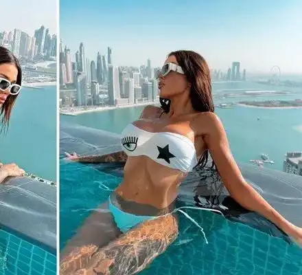 Диона се плацика в басейн на покрива